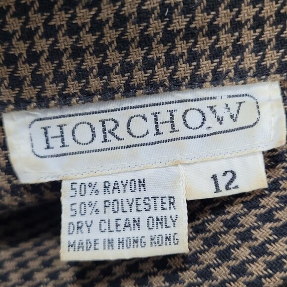 VTG Horchow Black Tan Houndstooth Long Sleeve Pleated Peak Lapel Jacket Dress 12 - Picture 3 of 15